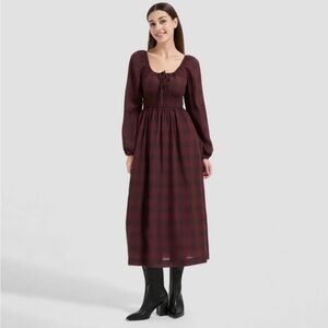 Universal Thread - Long Sleeve Midi A-line Maroon Plaid Dress